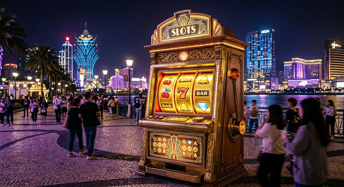 Kabinet mesin slot antik dengan gulungan ceri tujuh bel BAR dan diamond menyala di esplanade kota Macau malam hari