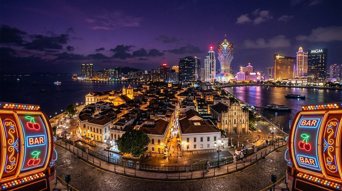 Panorama kota Macau di malam hari dengan atap bangunan kolonial dan menara kasino menyala serta gulungan slot bermotif ceri dan BAR