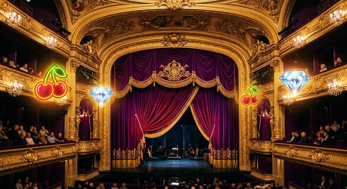 Panggung teater mewah dengan tirai merah tebal, balkon keemasan, dan simbol slot ceri bel serta diamond melayang seperti lentera