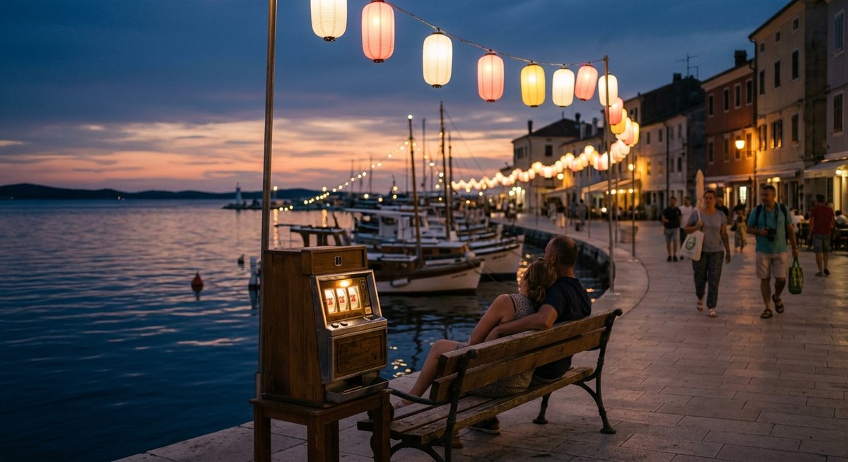 Esplanade pelabuhan yang tenang saat senja dengan lampion kertas dan kabinet slot kecil bersimbol ceri menyala lembut di samping bangku
